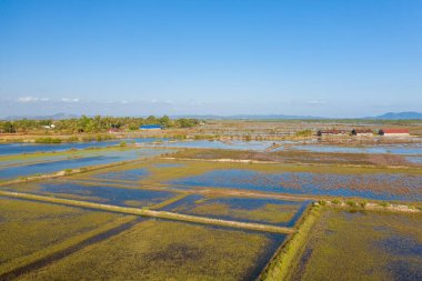 Geniş tuz bataklıkları ve buharlaşma göletleri Kampot, Kamboçya yakınlarındaki düz arazi boyunca yansıtıcı su yüzeyleri ve canlı mavi gökyüzü altında geometrik desenler ile uzanıyor. Ufuk çizgisini uzak tuz depoları ve palmiye ağaçları belirliyor