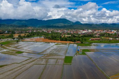 Yansıtıcı pirinç tarlaları, yemyeşil ve binalarla çevrili Vang Vieng, Laos 'un kenarına doğru uzanıyor. Uzak orman dağlarının üzerinde asılı dramatik bulutlar, yağmur mevsiminde kırsal araziyi vurguluyor..