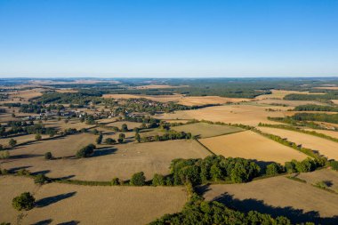 İnsansız hava aracı görüntüsü, Fransa 'nın orta kesimindeki Cuncy les Varzy yakınlarındaki kırsalda bulunan ağaçlarla çevrili altın tarım arazileri, dağınık ağaçlar ve küçük bir köy mozaiğini gösteriyor. Açık arazi ve açık mavi gökyüzü bir durgunluk ve boşluk hissi yaratır..