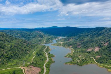 Bereketli, yoğun ormanlık tepeler ve parlak bir gökyüzünün altında berrak araziler arasında dolaşan bir nehrin havadan bakış açısı. Manzara uzak bir kırsal bölgede dolambaçlı su, canlı yeşillik ve doğal kıvrımlara sahiptir..