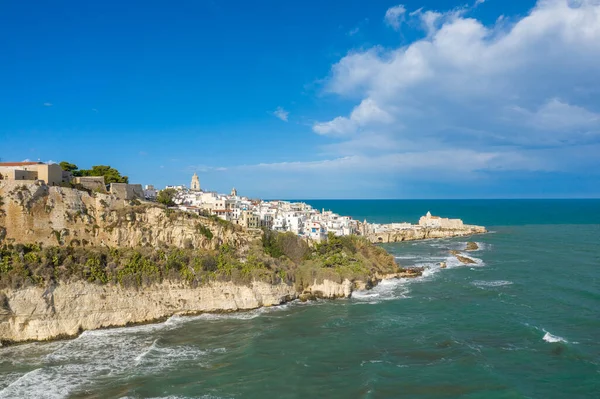 Vieste 'nin, Adriyatik Denizi' ne bakan engebeli kireçtaşı kayalıklarının tepesindeki eski, beyaz renkli binaları. Dramatik kıyı şeridi parlak gün ışığı ve geniş bir mavi gökyüzü ile vurgulanır..