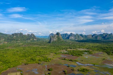 Yeşillik yeşil ormanın üzerinde yükselen dramatik kireçtaşı dağlarının geniş manzarası ve Laos kırsalındaki pirinç tarlalarını sular altında bırakıyor. Sahne canlı mavi gökyüzü, dağınık bulutlar ve açık arazide doğal desenler içerir..