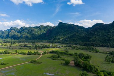 Geniş yeşil pirinç tarlaları, yoğun ormanlarla kaplı dramatik kireçtaşı tepelerine doğru uzanır ve üssünde küçük bir köy bulunur. Parlak güneş ışığı ve dağınık bulutlar Laos 'un doğal dokusunu ve açık manzarasını vurgular.
