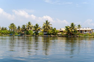 Hindistan 'ın Kerala kentindeki Alappuzha durgun sularında tropikal palmiye ağaçları ve köy evleri hizaya gelir. Sakin su yemyeşil ve dağınık bulutlu parlak mavi gökyüzünü yansıtır..