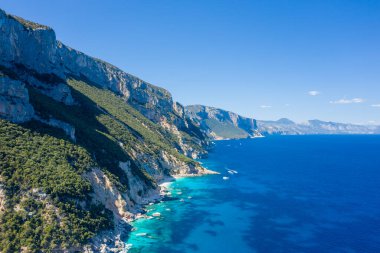 Yeşil bitki örtüsüyle kaplanmış etkileyici kireçtaşı kayalıkları, Cala Goloritze, Baunei, Sardinya yakınlarındaki canlı turkuaz Akdeniz 'le buluşmak için dik bir şekilde iniyor. Açık gökyüzü ve güneş ışığı engebeli kıyı şeridini aydınlatarak canlı ve davetkar bir kıyı yaratıyor.