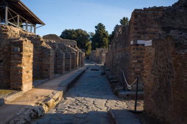 Öğleden sonra güneş ışığı, İtalya 'nın Pompeii kentinde yıpranmış tuğla sütunlar ve volkanik taş duvarlarla kaplı düz bir Roma caddesini vurguluyor. Tarihi kalıntılarda sert dokular, sayılı girişler ve yemyeşil gökyüzünün üzerinde açık mavi bir gökyüzü yer alıyor..