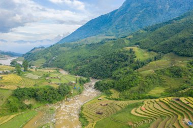 Teraslı pirinç tarlaları ve Sapa, Vietnam yakınlarındaki yemyeşil tepeleri kesen dolambaçlı bir nehir. Tarlaların ve dağınık kırsal evlerin katmanları yumuşak gün ışığı altında dramatik bir dağ zemininin altında otururlar..
