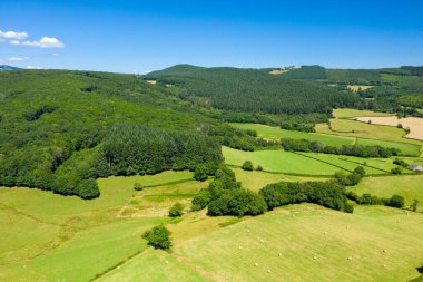 Açık bir yaz gününde Morvan kırsalında canlı yeşil tepelerin ve yoğun ormanların havadan görünüşü geometrik tarlalar ve saman balyalarıyla kesişir..