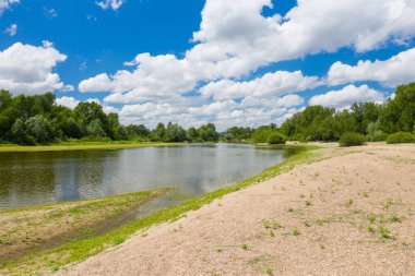 Sakin suların yanında sakin kumlu nehir kıyısı, yoğun yeşil ağaçlarla çevrili ve Loire Vadisi 'nde dağınık beyaz bulutlarla dolu canlı mavi bir gökyüzü altında çalılar..