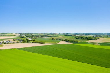 Bereketli yama alanları ve yuvarlanan Normandiya kırsalında, parlak yeşiller ve güneş ışığıyla aydınlatılan geometrik desenlerle dolu açık mavi bir gökyüzü altında kurulu küçük bir köy..