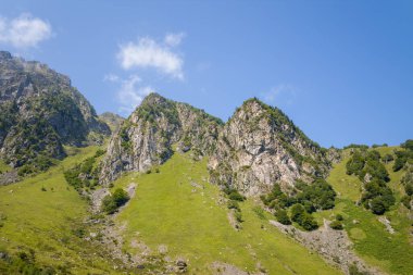 Sivri kaya oluşumları parlak yeşil yamaçların üzerinde yükselir ve Pireneler dağlarında dağılmış ağaçlar berrak mavi gökyüzünün altında parlak güneş ışığıyla aydınlatılır..