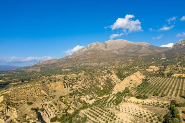 Geniş zeytinlikler, engebeli tepeler ve engebeli bir dağ sırasının altındaki kayalık arazi boyunca uzanır. Hepsi parlak güneş ışığı ve açık mavi gökyüzü ile aydınlatılır. Manzara, ekili alanlardan gelen toprak dokuları ve geometrik desenlere sahiptir..