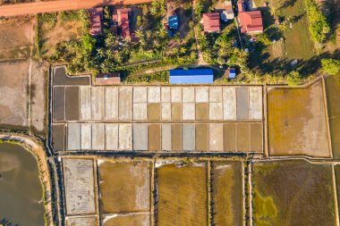 Genel bakış açısına göre, Kamboçya 'nın Marais salantları de Kamboçya' da kırmızı toprak bir yol ve kırmızı ve mavi çatıları olan bir grup evle çevrili geometrik tuz buharlaşma göletleri var. Sahne yama alanları, yansıtıcı su yüzeyleri ve