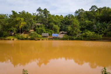 Donmuş bir gölet, Vietnam 'ın Mai Chau kentinde, karşı kıyıda, sade ahşap kulübeler ve yoğun tropikal yaprakları yansıtır. Yumuşak gün ışığı yeşil ve sakin köy ortamını güçlendirir..