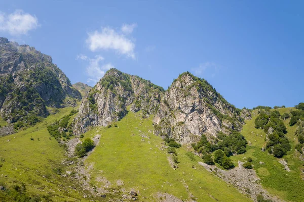 Sivri kaya oluşumları parlak yeşil yamaçların üzerinde yükselir ve Pireneler dağlarında dağılmış ağaçlar berrak mavi gökyüzünün altında parlak güneş ışığıyla aydınlatılır..
