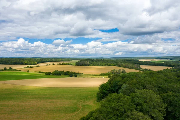Çarpıcı bulutlarla dolu bir gökyüzünün altında sık ormanlarla çevrili yeşil ve altın tonlarında yuvarlanan tarlaların yer aldığı geniş bir kırsal bölge..