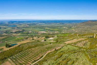 İspanya 'nın geniş Loarre vadisinde küçük bir kırsal köye uzanan ekili meyve bahçeleri ve tarım arazilerinin hava perspektifi. Manzara açık mavi gökyüzünün altında güneşli ve yeşildir, ufukta kayan tepeler ve uzak dağlar vardır..