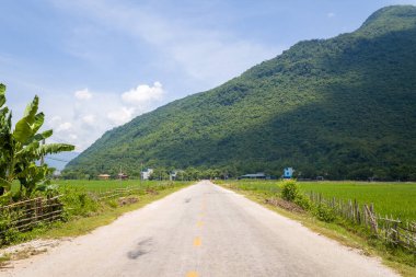 Sessiz bir asfalt yol, gür pirinç tarlalarından geçerek Mai Chau 'da parlak mavi bir gökyüzünün altındaki geniş bir orman dağına uzanır ve huzurlu ve davetkar bir yaz manzarası yaratır..