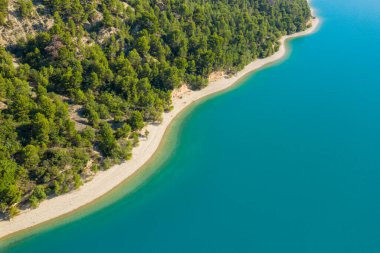 Güneşli bir günde Sainte-Croix gölünde yoğun çam ormanları ve canlı turkuaz sularla çevrili rüzgarlı bir sahil manzarası..