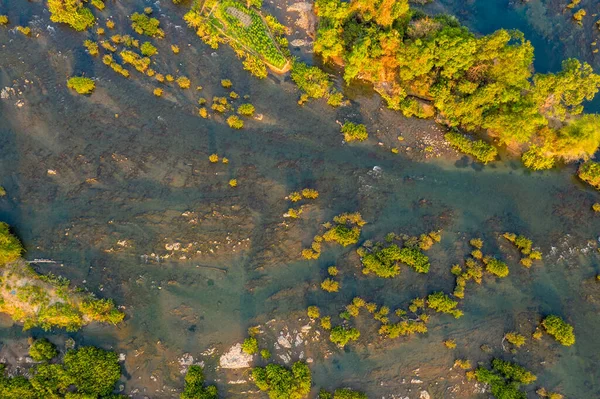 4000 Laos adasındaki Mekong Nehri 'nde dağınık yeşil adaları ve sığ kayalık kanalları görüntüler. Sıcak gün ışığı, bu sakin nehir manzarasında suyun, bitki örtüsünün ve açıkta kalan nehir yatağının doğal örneklerini vurgular.
