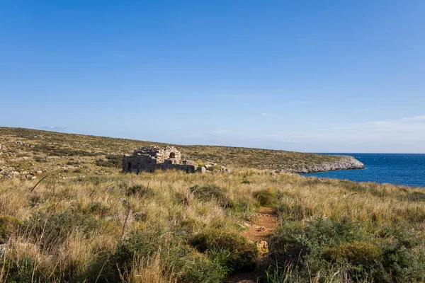 Yunanistan 'ın Cap Tenare kentindeki güneşli bir sahil ovasında vahşi otların arasında antik bir taş kalıntısı duruyor. Engebeli kıyı şeridi ve derin mavi Akdeniz açık bir gökyüzünün altında çarpıcı bir doğal zemin oluşturur..