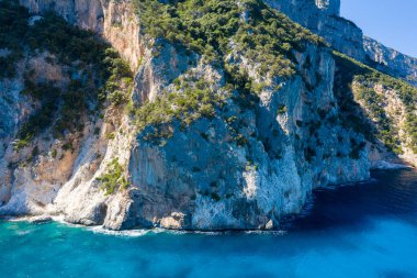 Sardunya, Baunei, Cala Goloritze yakınlarındaki berrak turkuaz suların üzerinde yeşil bitki örtüsü olan dik kireçtaşı kayalıkları yükseliyor. Parlak güneş ışığı Akdeniz kıyı şeridinin engebeli dokularını ve canlı renklerini güçlendirir.