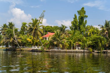Hindistan 'ın Alappuzha kentindeki sakin sakin sakin bankalar boyunca yemyeşil palmiye ağaçları arasında kırmızı çatılı beyaz bir villa. Sakin su canlı yeşilliği ve parlak mavi gökyüzünü yansıtır. Huzurlu bir tropikal atmosfer yaratır..