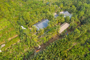 Genel bakış açısına göre Hindistan cevizi palmiyeleri ile çevrili teneke çatılı kırsal evler ve Ben Tre, Mekong Delta, Güney Vietnam yakınlarındaki dar bir kanal boyunca yemyeşil tropikal bitki örtüsü. Sahne canlı yeşillik, düzenli tarlalar ve...