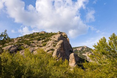 Dağınık çalılarla kaplı yuvarlak kayalık tepeler ve sık ağaçların üzerinde yükselen yeşil yapraklar dağınık bulutlu parlak mavi bir gökyüzüne karşı. Sahnede doğal dokular ve açık, güneşli bir manzara var..