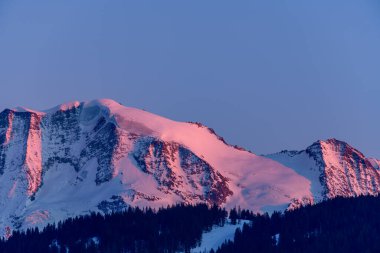 Batan güneşin yumuşak pembe ışığı, Fransız Alpleri 'ndeki Alp ormanı boyunca uzanan derin gölgelerle karlı Kubbe de Miage tepelerini siler..