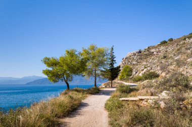 Yeşil ağaçlar ve kuru otlarla kaplı kıvrımlı sahil yolu kayalık tepelere karşı kurulmuş ve berrak bir gökyüzünün altında durgun mavi su. Sakin sahne, huzurlu bir Akdeniz doğasını çağrıştırıyor..