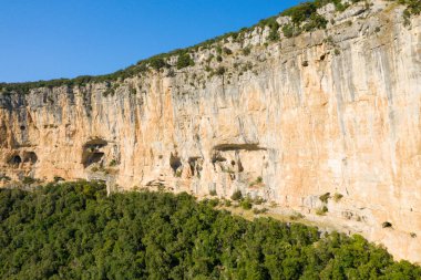 Doğal mağaralarla benekli yüksek kireçtaşından bir uçurum, Ardeche Boğazı 'ndaki yoğun yeşil bir ormanın üzerinde yükselir. Parlak güneş ışığı parlak mavi gökyüzüne karşı engebeli kaya dokusunu vurgular.