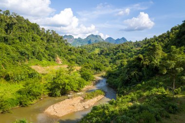 Kuzey Vietnam 'da parlak mavi bir gökyüzünün altında yoğun orman ve uzak kireçtaşı zirveleriyle çevrili parlak yeşil bir vadi boyunca berrak bir nehir kıvrılır. Güneş ışığı, taze ve doğal bir atmosfer yaratarak yaprakların ve suyun dokusunu ön plana çıkarır..