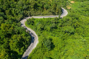 Kıvrımlı dağ yolunun hava perspektifi kuzey Laos tepelerindeki yoğun, canlı yeşil bitki örtüsü boyunca keskin bir viraj oluşturuyor. Sahne, bereketli yeşillikleri, çarpıcı hatları ve güçlü güneş ışığının manzaraya gölge düşürmesini ön plana çıkarıyor..