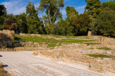 Antik mozaik zeminler ve Kronion Hamamları 'nın yıpranmış taş duvarları Yunanistan' ın Olympia kentindeki çimenli arazi ve yemyeşil ormanın ortasında yer alıyor. Güneş ışığı bu açık hava arkeolojik alanındaki karmaşık desenleri ve tarihi dokuları vurguluyor.