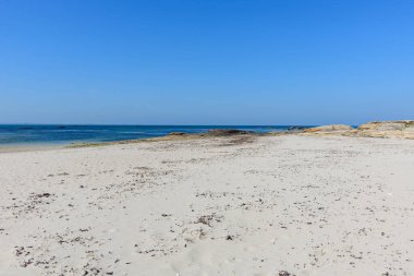 Quiberon 'daki Plage de la Jument boyunca uzanan el değmemiş beyaz kumlar, dağınık yosun, kayalık çıkıntılar ve berrak bir yaz gökyüzü altında sakin mavi deniz..
