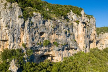 Gorges de Ardeche 'deki yoğun yeşil ormanın üzerinde doğal oyukları olan dik kireçtaşı kayalıkları yükseliyor. Parlak güneş ışığı, berrak mavi gökyüzünün altındaki engebeli kaya dokusunu ve zengin bitki örtüsünü vurgular..