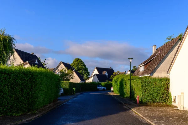 Saint Sylvain 'da açık mavi bir gökyüzünün altında sabah güneşiyle aydınlatılan uzun yeşil çitlerle ve müstakil evlerle dolu sessiz bir banliyö caddesi..
