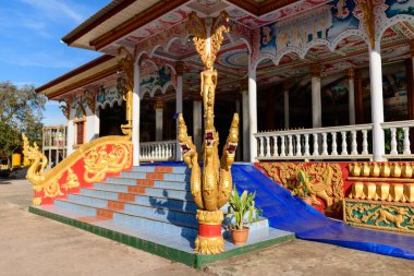 Altın çok başlı naga heykeli, Laos 'un Vientiane kentindeki geleneksel Budist tapınağının renkli giriş merdivenlerini süslüyor. Karmaşık oymalar, canlı duvar resimleri ve detaylı mimari öğeler parlak sabah güneşiyle aydınlatılır..