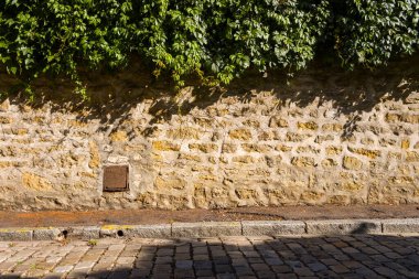 Yoğun yeşil sarmaşıklarla kaplı sert sarı taş duvar, Nevers 'de bir kaldırım taşı caddesi boyunca sıcak öğleden sonra güneş ışığıyla aydınlatılıyor. Görüntü doğal dokuları, yapraklı gölgeleri ve geleneksel şehir duvarcılığının kırsal çekiciliğini ön plana çıkarıyor..