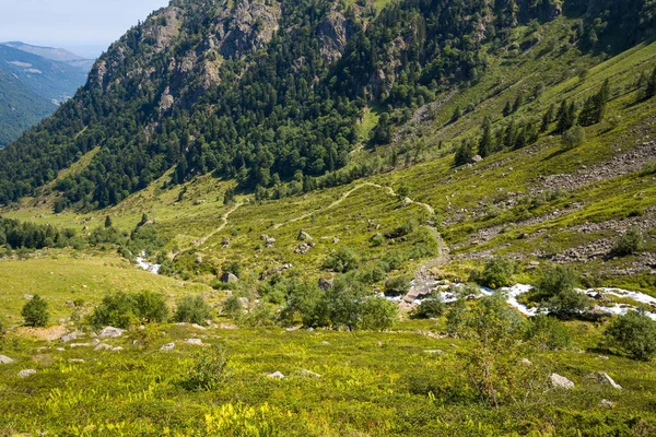 Pireneler 'deki yemyeşil bir vadide, açık yaz güneşi altında sarmal ormanlık yamaçlarla çevrili dolambaçlı bir dere ve dağınık kayalar bulunur..