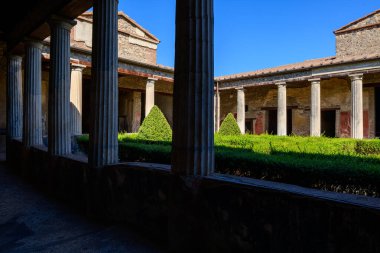 Günışığı Roma sütunları, İtalya 'nın Pompeii kentindeki Menander Hanedanı' nda, manikürlü bir avluyu geometrik çalı ağacıyla çevreler. Taş sütun, kiremit kaplı çatı, ve yemyeşil parlak mavi bir gökyüzü altında vurgulanıyor, klasik simetriyi çağrıştırıyor ve