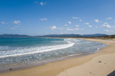 Kumihamacho 'daki Shotenkyo Sahili' nin temiz kumlu kıyılarında hafif dalgalar kopuyor. Geniş bir mavi su alanı ve küçük bulutlarla kaplı parlak bir gökyüzü altında uzak dağlar..