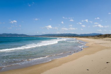 Kumihamacho 'daki Shotenkyo Sahili' nin sessiz bir bölümünde yumuşak kum, yumuşak sörf ve ufuktaki uzak dağlarla açık mavi gökyüzünün altında dağılmış deniz kuşları bulunur..