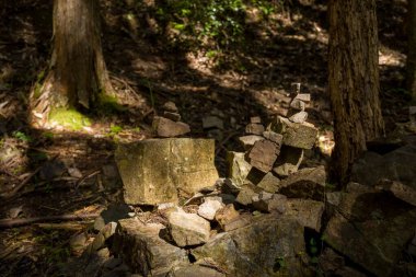 Sert taş yığınları, uzun ağaçların altındaki yosunlu kayalar üzerinde dikkatlice dengelenmiştir. Yumuşak güneş ışığı Japonya 'daki Kumano Kodo patikası boyunca orman tabanında noktalı desenler oluşturur..