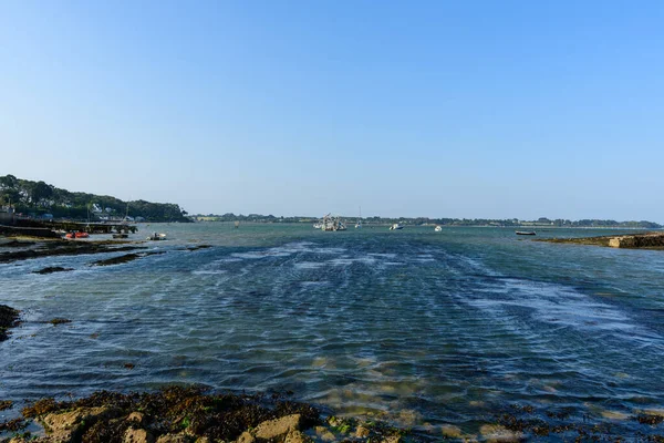 Geniş gel-git kanalı dalgalı su ve açık deniz yosunlarını, kıyıya yakın küçük tekneleri ve açık mavi gökyüzünün altında ağaçlarla kaplı uzak bir kıyı şeridini gözler önüne serer..