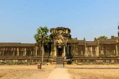 Angkor Vat, Kamboçya 'daki antik kumtaşı cephesinin geniş bir görüntüsü öğleden sonra güneşiyle aydınlanıyor. Tarihi Khmer yapısı, anıtsal mimarisi ve tropikal yapısını vurgulayarak palmiye ağaçları ve kuru otlar tarafından çerçevelenmiştir..