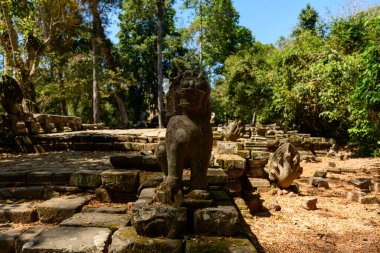 Angkor, Kamboçya 'daki Preah Palilay tapınağındaki eski yosunlu merdivenlerde yıpranmış bir aslan heykeli duruyor. Güneş ışığı, yoğun tropikal ormanlık ve düşen yapraklar arasında desenli duvar ve dağınık naga oymalarını vurgular.