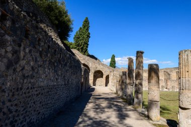 Eskimiş taş sütunlar İtalya 'nın Pompeii kentindeki gladyatör kışlasında antik duvarların yanında güneşli bir yürüyüş hattı oluşturuyorlar. Parlak mavi gökyüzü ve uzun selvi ağaçları dokulu duvarlara zıtlık ve açık tarihi muhafaza ekliyor..