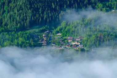 Bereketli yeşil bir yamaçta yuva yapmış küçük bir ev kümesi, Chamonix vadisinde yoğun ormanın yükseldiği, kısmen sürüklenen bir sis tarafından örtülmüş durumda. İlk ışıkta canlı yeşillik ve sakin ruh hali vurgulanıyor..